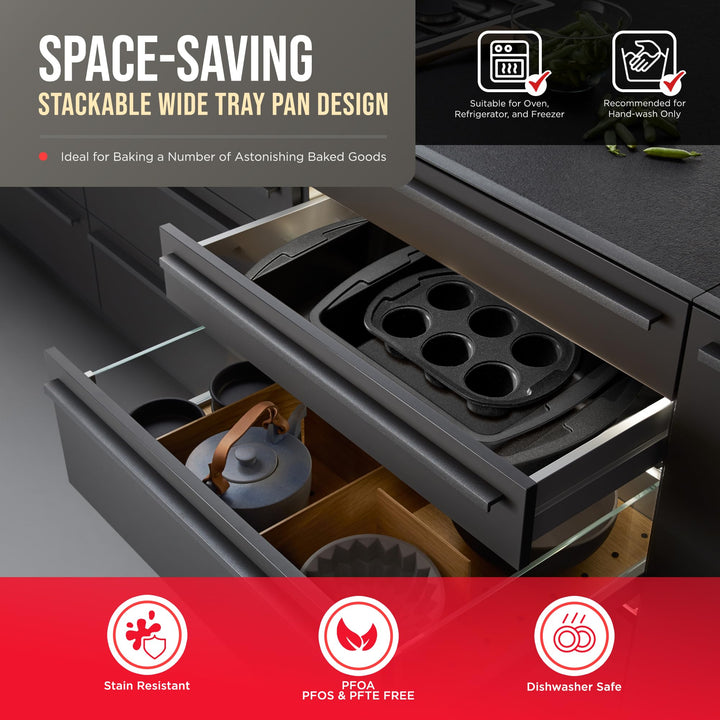 Gray Marble 10-Piece Bakeware Sets, Nonstick Carbon Steel Baking Sheet & Pans, Stackable Space-Saving Bakeware, Dishwasher Safe, Stain-resistant, PFOA\PFOS\PTFE Free, Oven Safe Up To 450°F (230°C)