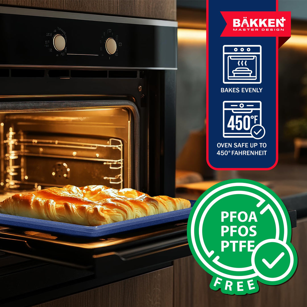 BAKKEN Kitchen Baking Pans - Nonstick Blue Coating, 13.58’’ × 9.65’’ Commercial Grade Carbon Steel Cookie Sheet, Diamond Texture Bottom, PFOA, PFOS, PTFE Free, Oven Safe Tray (450°F), Blue