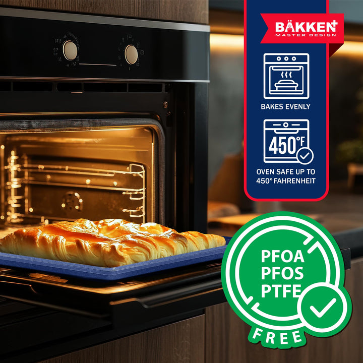 BAKKEN Kitchen Baking Pans - Nonstick Blue Coating, 13.58’’ × 9.65’’ Commercial Grade Carbon Steel Cookie Sheet, Diamond Texture Bottom, PFOA, PFOS, PTFE Free, Oven Safe Tray (450°F), Blue