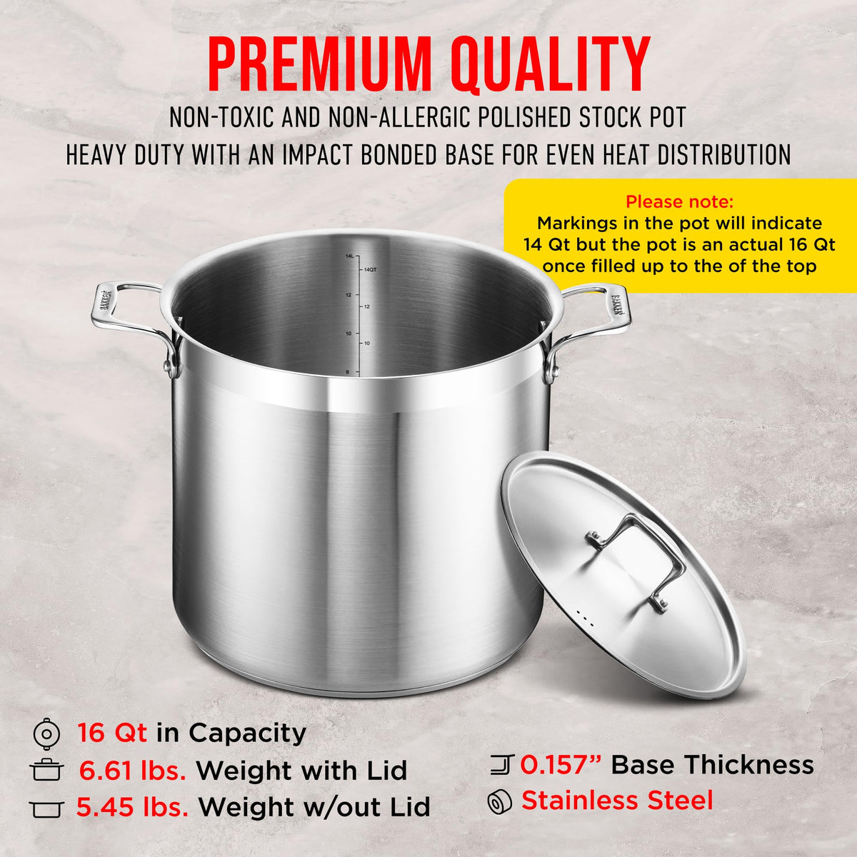 Bakken 16 QT Stainless Steel Stockpot, 18/8 Steel, photo 6 of 9