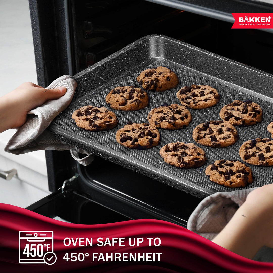 BAKKEN Kitchen Baking Pans - Small, Medium, and Large Cookie Pan (13.58×9.65, 15.75×11, 17.91×12.60), Nonstick, Diamond Texture Bottom, PFOA, PFOS, PTFE Free, Oven Safe (450°F), Pack of 3, Gray Marble