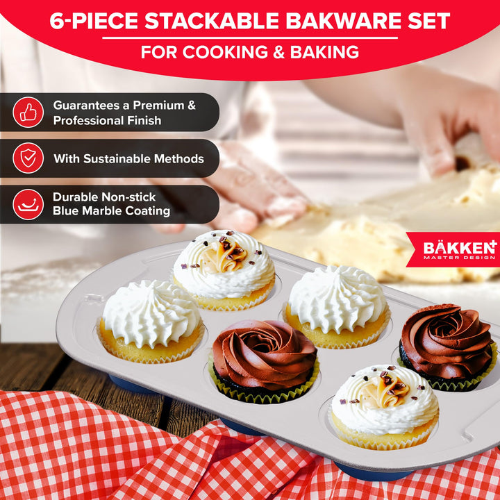 Royal Blue 10-Piece Bakeware Sets, Nonstick Carbon Steel Baking Sheet & Pans, Stackable Space-Saving Bakeware, Dishwasher Safe, Stain-resistant, PFOA\PFOS\PTFE Free, Oven Safe Up To 450°F (230°C)