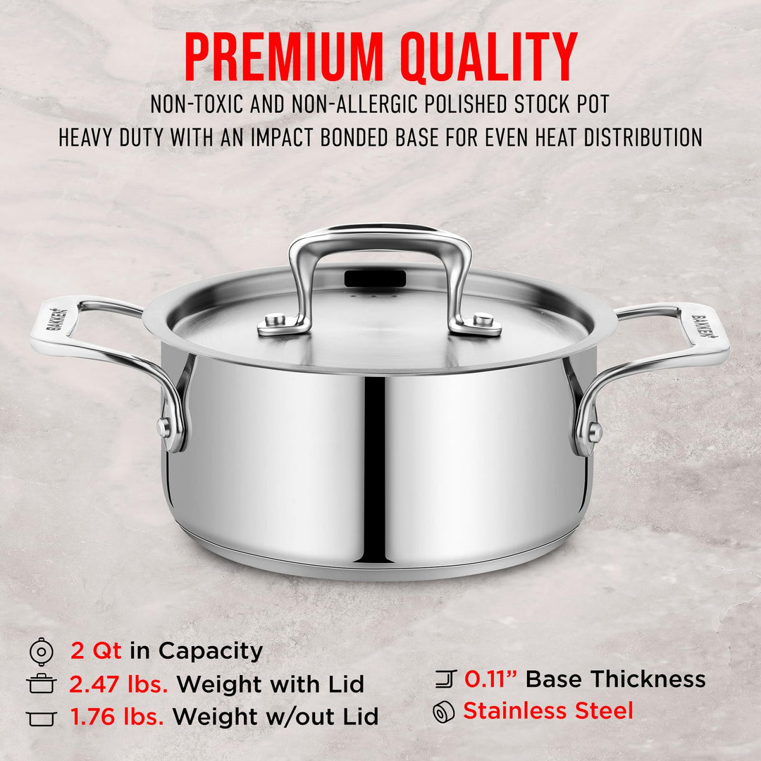 Stainless Steel Stockpot with Lid 2 Quart, Durable 18/8 Stainless Steel, Impact-Bonded Base for Even Heating, Riveted Handles, Oven & All Stove Compatible, Safe Up To 500°F (260°C)