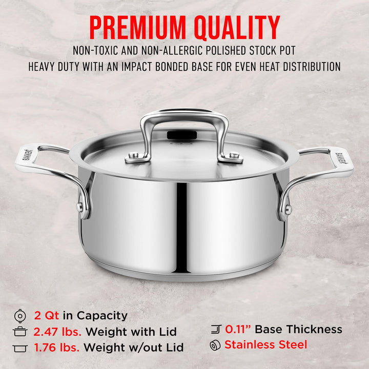 Stainless Steel Stockpot with Lid 2 Quart, Durable 18/8 Stainless Steel, Impact-Bonded Base for Even Heating, Riveted Handles, Oven & All Stove Compatible, Safe Up To 500°F (260°C)