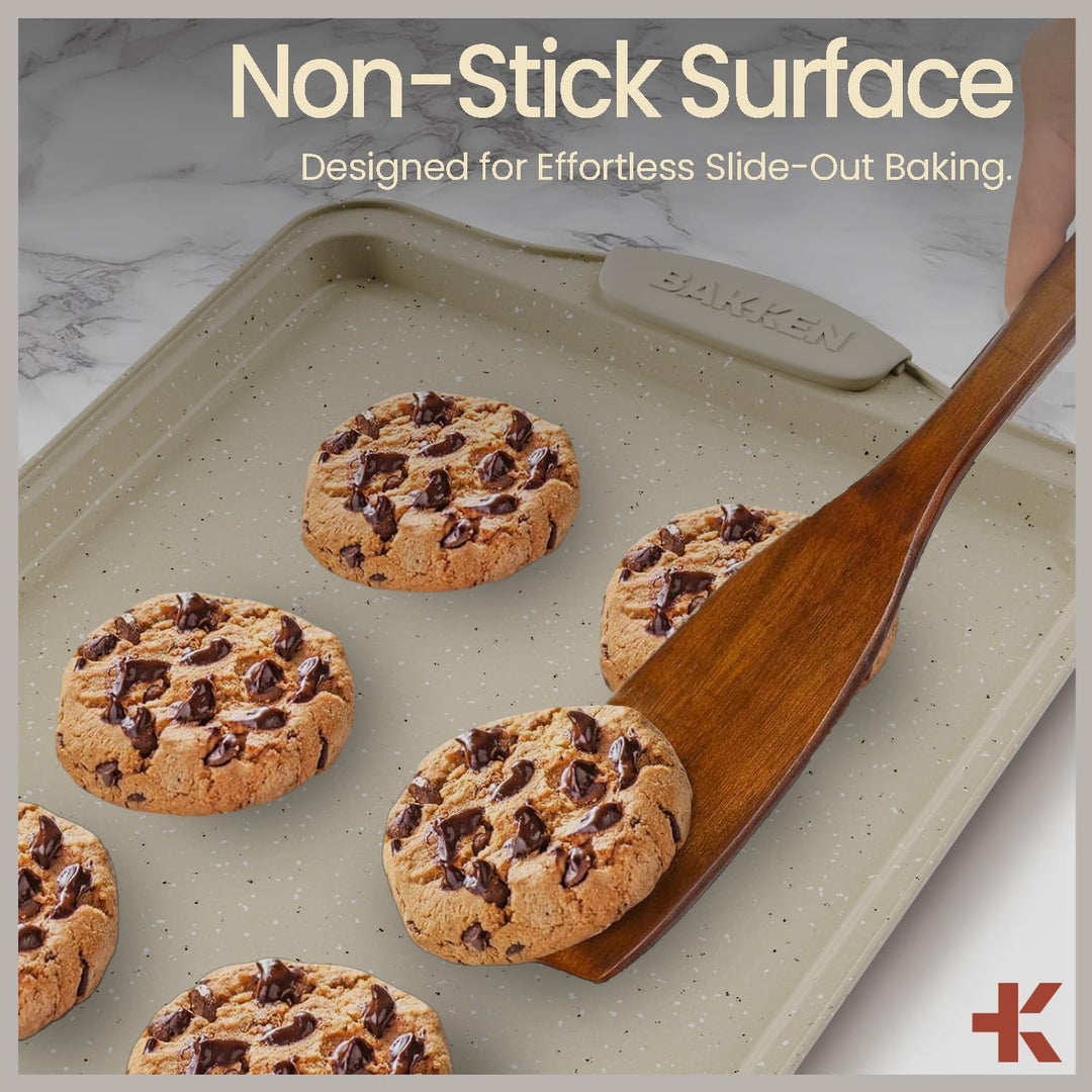 BAKKEN Kitchen Baking Pans - 15.15 x 10.03" Medium Nonstick Sheet, Durable Carbon Steel Cookie Sheet with White Silicone Handles, PFOA, PFOS, PTFE Free, Oven Safe Tray (Up To 450°F), Set of 1