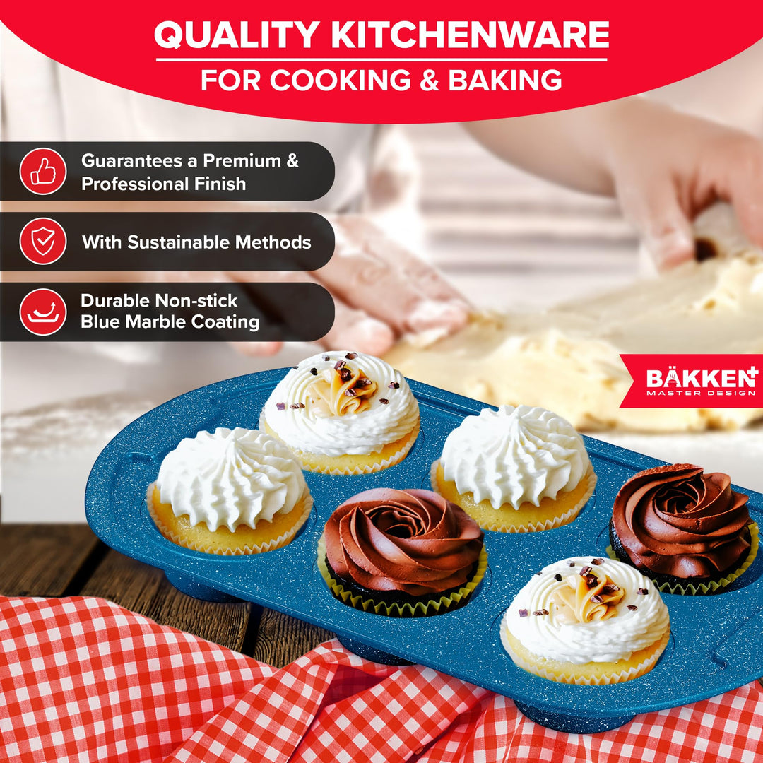 BAKKEN Kitchen Baking Pan Set - Nonstick Blue Marble Coating, Commercial Grade Carbon Steel Bakeware Sets, Baking Kitchen Essentials, PFOA, PFOS, PTFE Free, Oven Safe Tray (Up To 450° F), Set of 6