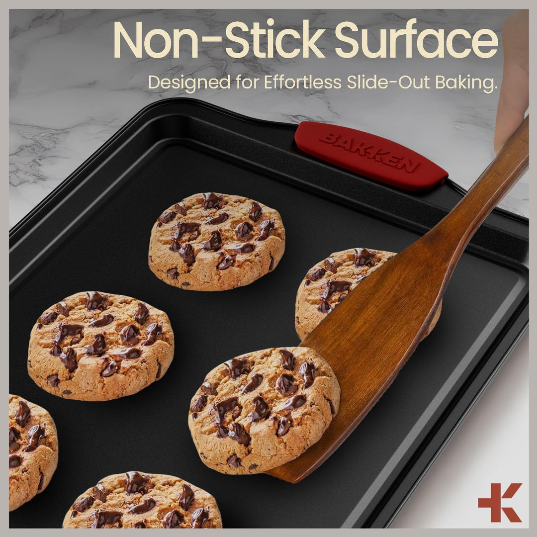 BAKKEN Kitchen Baking Pans - 15.15 x 10.03" Medium Nonstick Sheet, Durable Carbon Steel Cookie Sheet with Red Silicone Handles, PFOA, PFOS, PTFE Free, Oven Safe Tray (Up To 450°F), Set of 1