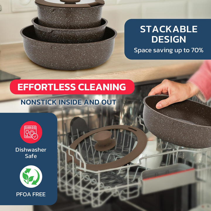 Kitchen Cookware Set - Nonstick Granite Coating, Pots and Pans with Handles and Tempered Glass Lids, PFOA, PFOS, PTFE Free, Ceramic Max Temperature (Up To 500° F), Set of 15 - Dark Gray