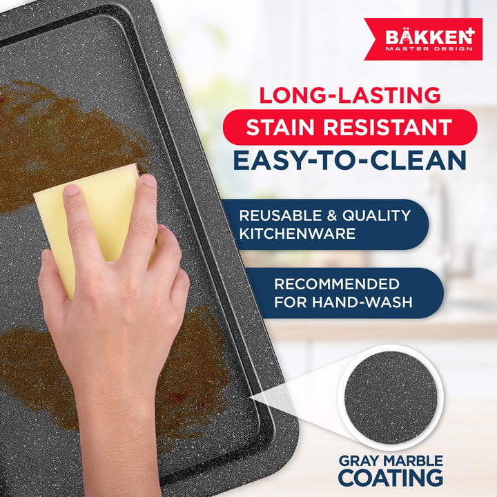 BAKKEN 3-Piece Kitchen Baking Pans - Small, Medium, and Large Cookie Pan, With Nonstick Coating, Stackable and Space-saving Design, PFOA, PFOS, PTFE Free, Oven Safe Tray (Up To 450°F), Gray Marble