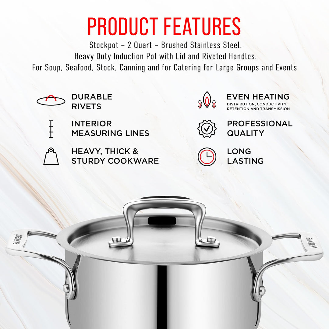 Stainless Steel Stockpot with Lid 2 Quart, Durable 18/8 Stainless Steel, Impact-Bonded Base for Even Heating, Riveted Handles, Oven & All Stove Compatible, Safe Up To 500°F (260°C)