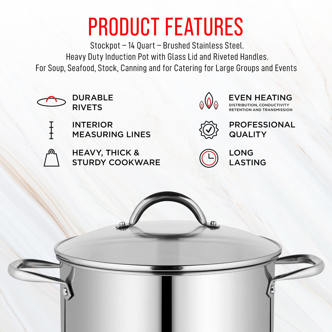 Bakken-Swiss Deluxe 14-Quart Stainless Steel Stockpot w/Tempered Glass See-Through Lid - Simmering Delicious Soups Stews & Induction Cooking - Exceptional Heat Distribution - Heavy-Duty & Food-Grade