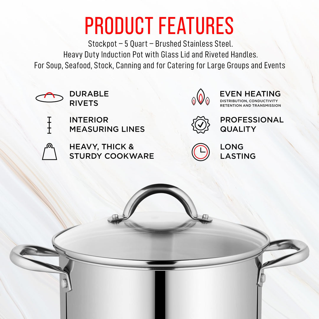 Stainless Steel Stockpot with Tempered Glass Lid 5 Quart, Durable 18/0 Stainless Steel, Impact-Bonded Base for Even Heating, Riveted Handles, Oven & All Stove Compatible, Safe Up To 500°F (260°C)