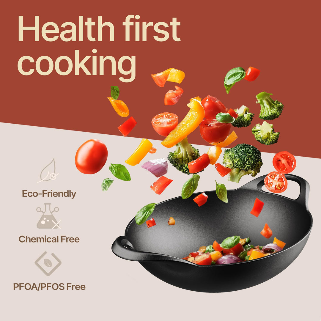 Bakken Pre-Seasoned Cast Iron Wok with Wooden Lid, 14" Stir Fry Pan for Gas, Electric, Induction & Open Fir, Heavy-Duty Flat Bottom Wok with Dual Handles for Even Heating & High-Heat Cooking, 8.8 lbs