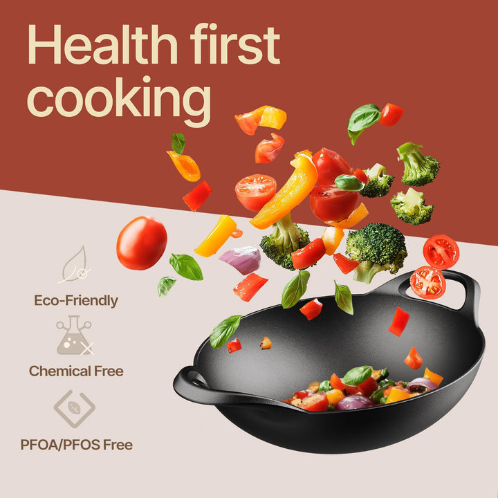 Bakken Pre-Seasoned Cast Iron Wok with Wooden Lid, 14" Stir Fry Pan for Gas, Electric, Induction & Open Fir, Heavy-Duty Flat Bottom Wok with Dual Handles for Even Heating & High-Heat Cooking, 8.8 lbs