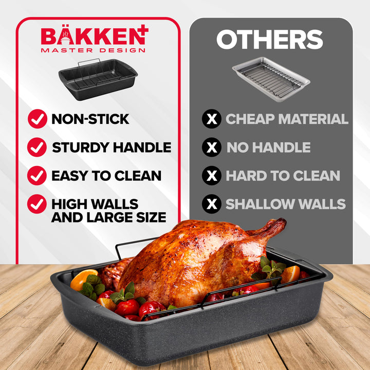 BAKKEN Nonstick Turkey Roasting Pan with Rack – 17 X 13 inch,  Large Heavy-Duty Carbon Steel Roasting Pan, Wide Handles, Versatile for Baking, Grilling, & Roasting, Oven Safe Up to 450°F, Gray Marble