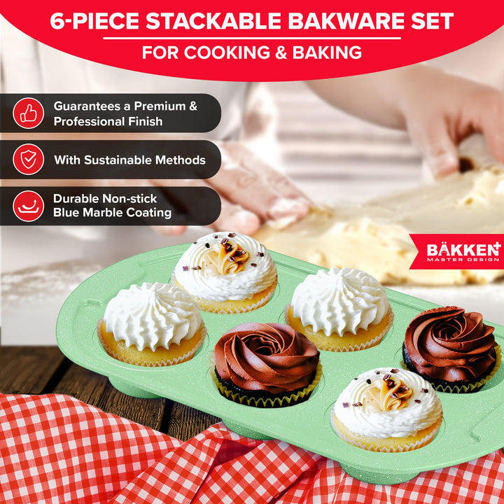 BAKKEN Kitchen Baking Pan Set - Nonstick Green Marble Coating, Commercial Grade Carbon Steel Bakeware Sets, Baking Kitchen Essentials, PFOA, PFOS, PTFE Free, Oven Safe Tray (Up To 450° F), Set of 6
