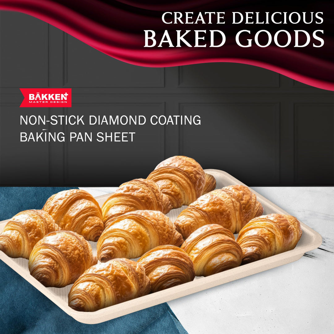 BAKKEN Kitchen Baking Pans - Nonstick White Coating, 13.58’’ × 9.65’’ Commercial Grade Carbon Steel Cookie Sheet, Diamond Texture Bottom, PFOA, PFOS, PTFE Free, Oven Safe Tray (450°F), White Marble