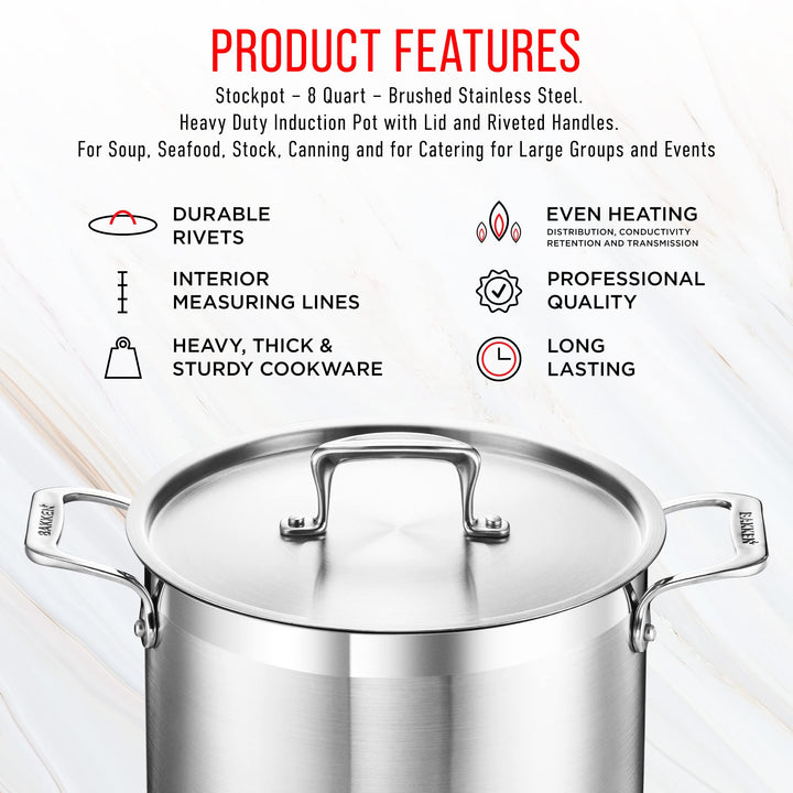 Stockpot – 8 Quart – Brushed Stainless Steel – Heavy Duty Induction Pot with Lid and Riveted Handles – For Soup, Seafood, Stock, Canning and for Catering for Large Groups and Events by BAKKEN