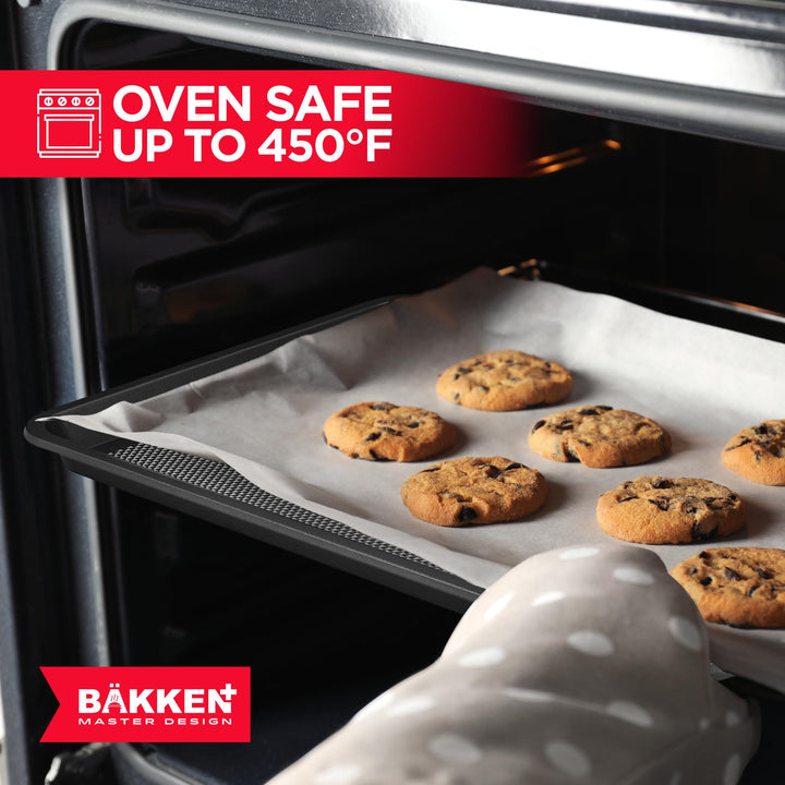 BAKKEN Kitchen Baking Pans - Nonstick Gray Coating, 13.58’’ × 9.65’’ Commercial Grade Carbon Steel Cookie Sheet, Diamond Texture Bottom, PFOA, PFOS, PTFE Free, Oven Safe Tray (450°F), Gray