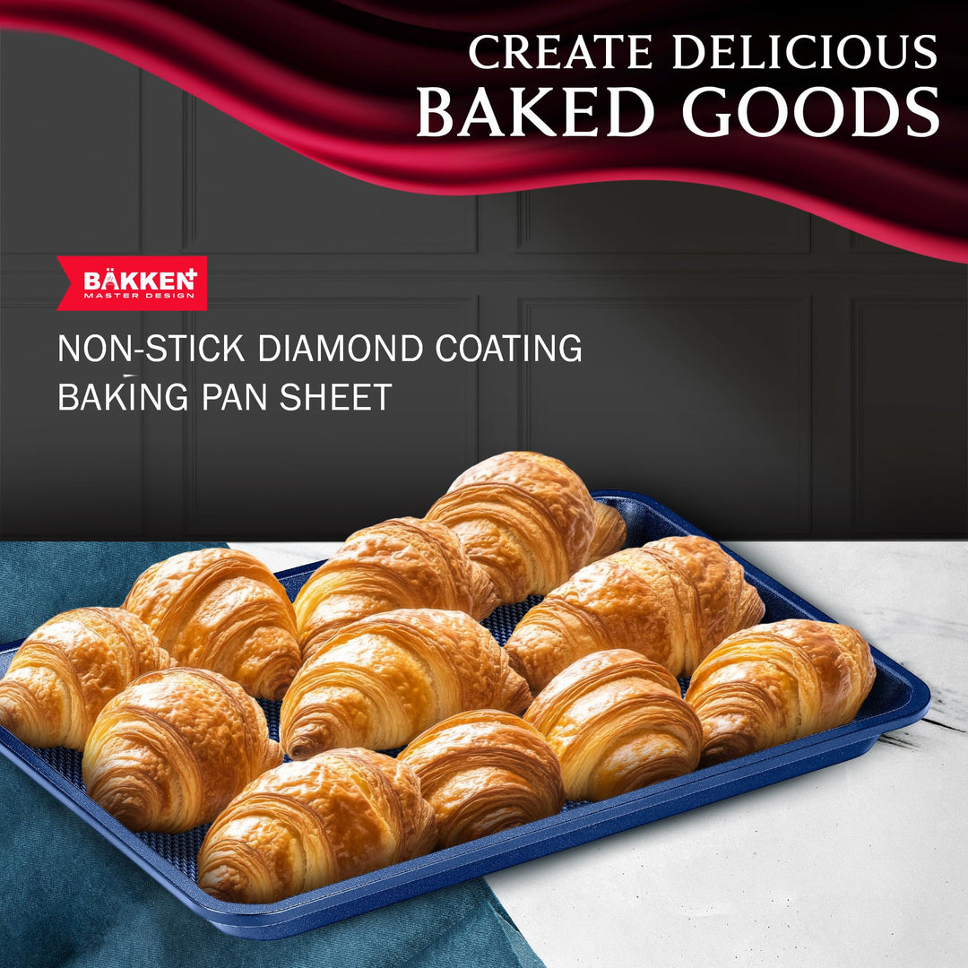 BAKKEN Kitchen Baking Pans - Nonstick Blue Coating, 13.58’’ × 9.65’’ Commercial Grade Carbon Steel Cookie Sheet, Diamond Texture Bottom, PFOA, PFOS, PTFE Free, Oven Safe Tray (450°F), Blue