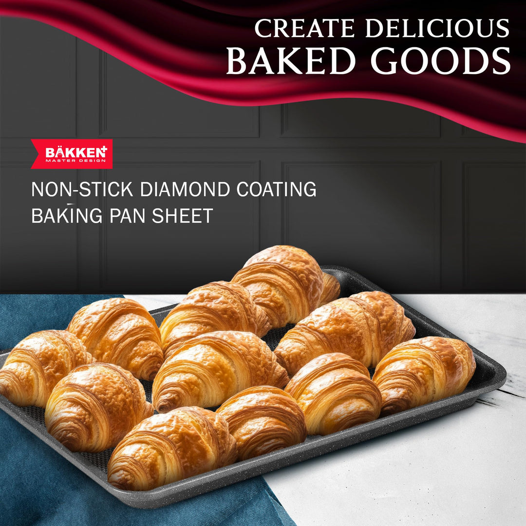 BAKKEN Kitchen Baking Pans - Nonstick Gray Coating, 13.58’’ × 9.65’’ Commercial Grade Carbon Steel Cookie Sheet, Diamond Texture Bottom, PFOA, PFOS, PTFE Free, Oven Safe Tray (450°F), Gray Marble