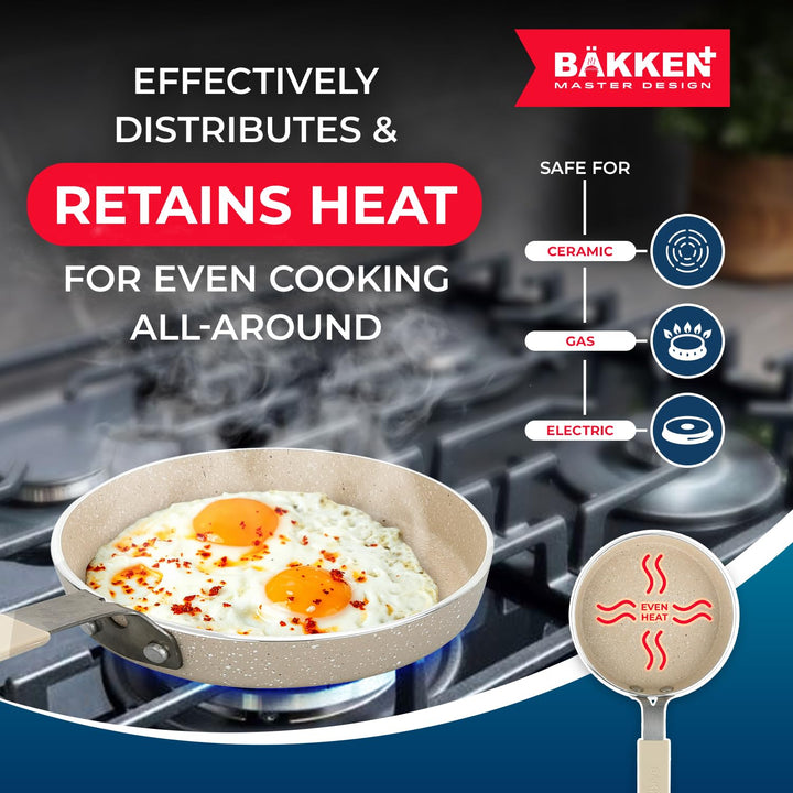 2-Piece Mini Pan Set – 5.5’’ Non-Stick Egg Pan with Spatula, Cool-Touch Handles, Heat-Resistant Up To 400° F, Food-Grade Safe, For Gas, Electric and Ceramic Cooktops, Marble Warm Cream
