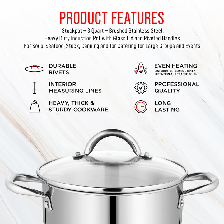 Bakken-Swiss Deluxe 3-Quart Stainless Steel Stockpot w/Tempered Glass See-Through Lid - Simmering Delicious Soups Stews & Induction Cooking - Exceptional Heat Distribution - Heavy-Duty & Food-Grade