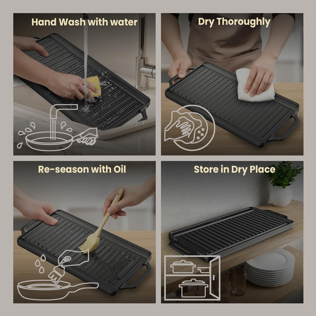 Bakken 18” Reversible Cast Iron Griddle, Flat & Grill Side, Dual Burner Cooking Plate for Pancakes, Meats & Veggies, Pre-Seasoned, Nonstick, Oven & Campfire Safe, Heavy-Duty Griddle Top with Mitt
