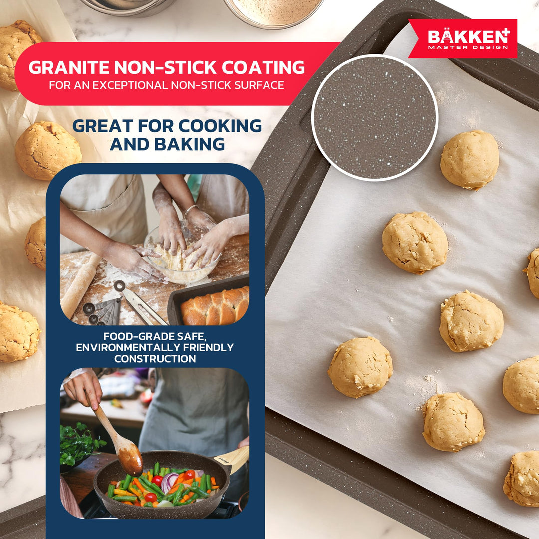 Bakken Master 20 Piece Cookware Set - Pots and Pans with Handle Grips and Tempered Glass Lids, With 6-piece Bakeware Set, Nonstick Granite Coating, Ceramic Max Temperature (Up To 500°F), Brown Marble