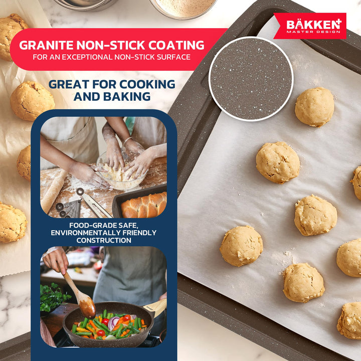 Bakken Master 20 Piece Cookware Set - Pots and Pans with Handle Grips and Tempered Glass Lids, With 6-piece Bakeware Set, Nonstick Granite Coating, Ceramic Max Temperature (Up To 500°F), Brown Marble