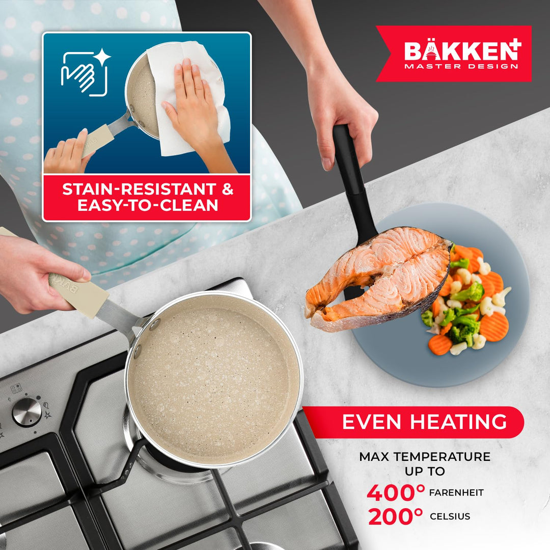 2-Piece Mini Pan Set – 5.5’’ Non-Stick Egg Pan with Spatula, Cool-Touch Handles, Heat-Resistant Up To 400° F, Food-Grade Safe, For Gas, Electric and Ceramic Cooktops, Marble Warm Cream