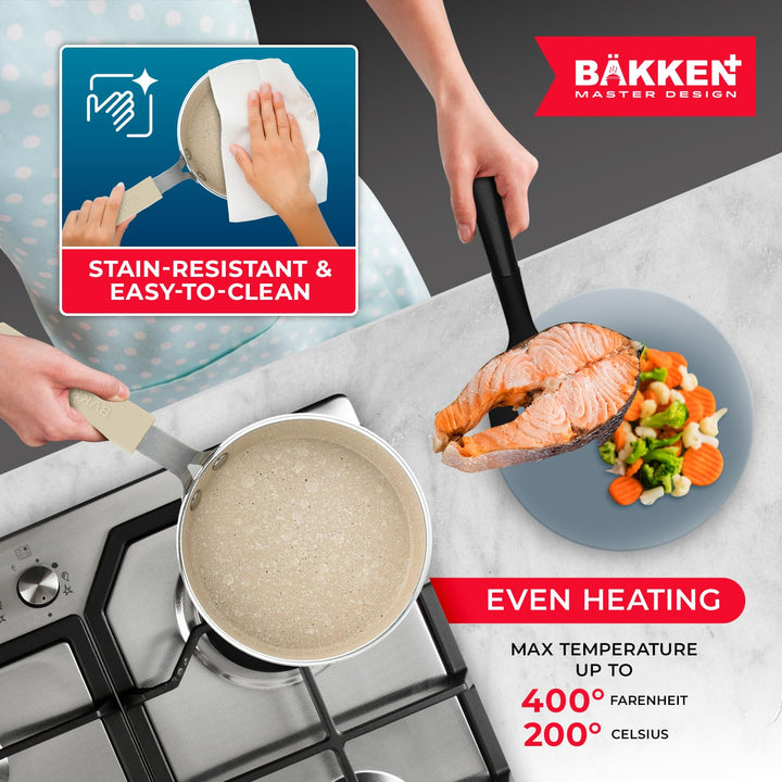 2-Piece Mini Pan Set – 5.5’’ Non-Stick Egg Pan with Spatula, Cool-Touch Handles, Heat-Resistant Up To 400° F, Food-Grade Safe, For Gas, Electric and Ceramic Cooktops, Marble Warm Cream