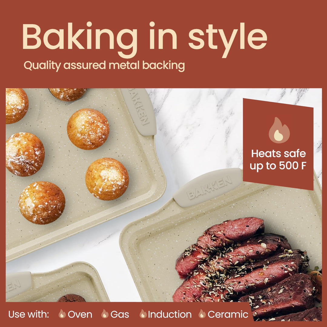 BAKKEN Kitchen Baking Pans - 15.15 x 10.03" Medium Nonstick Sheet, Durable Carbon Steel Cookie Sheet with White Silicone Handles, PFOA, PFOS, PTFE Free, Oven Safe Tray (Up To 450°F), Set of 1