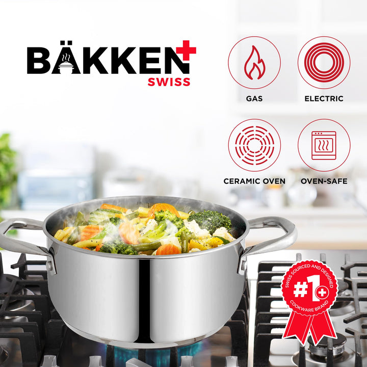 Bakken-Swiss Deluxe 3-Quart Stainless Steel Stockpot w/Tempered Glass See-Through Lid - Simmering Delicious Soups Stews & Induction Cooking - Exceptional Heat Distribution - Heavy-Duty & Food-Grade