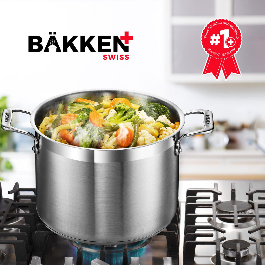 Stockpot – 8 Quart – Brushed Stainless Steel – Heavy Duty Induction Pot with Lid and Riveted Handles – For Soup, Seafood, Stock, Canning and for Catering for Large Groups and Events by BAKKEN