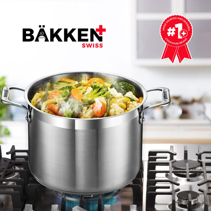 Stockpot – 8 Quart – Brushed Stainless Steel – Heavy Duty Induction Pot with Lid and Riveted Handles – For Soup, Seafood, Stock, Canning and for Catering for Large Groups and Events by BAKKEN
