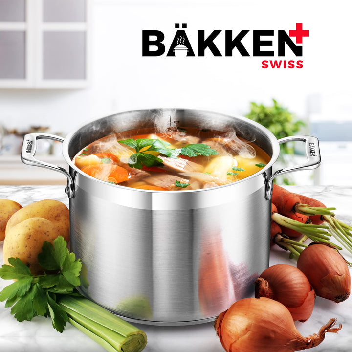 Stainless Steel Stockpot with Lid 5 Quart, Durable 18/8 Stainless Steel, Impact-Bonded Base for Even Heating, Riveted Handles, Oven & All Stove Compatible, Safe Up To 500°F (260°C)