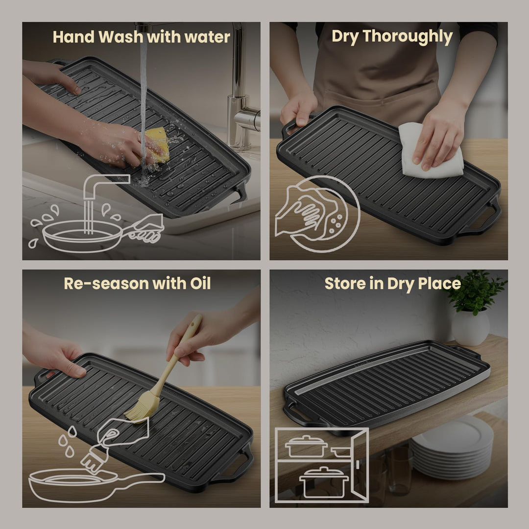 Bakken 19” Reversible Cast Iron Griddle, Flat & Grill Side, Dual Burner Cooking Plate for Pancakes, Meats & Veggies, Pre-Seasoned, Nonstick, Oven & Campfire Safe, Heavy-Duty Griddle Top with Mitt