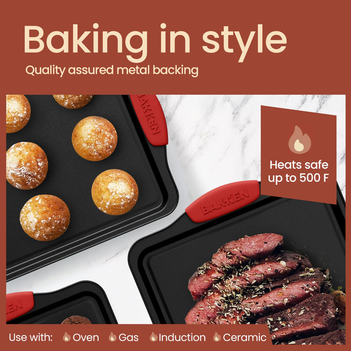 BAKKEN Kitchen Baking Pans - 15.15 x 10.03" Medium Nonstick Sheet, Durable Carbon Steel Cookie Sheet with Red Silicone Handles, PFOA, PFOS, PTFE Free, Oven Safe Tray (Up To 450°F), Set of 1