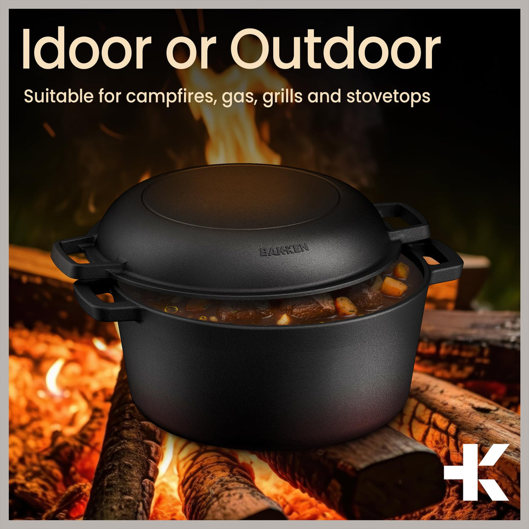 Bakken 2-in-1 Cast Iron Dutch Oven Pot with Skillet Lid, 5QT Pre-Seasoned Dutch Oven for Bread Baking, Roasting & Campfire Cooking, Heavy-Duty Indoor & Outdoor Use with Easy-Grip Dual Handles