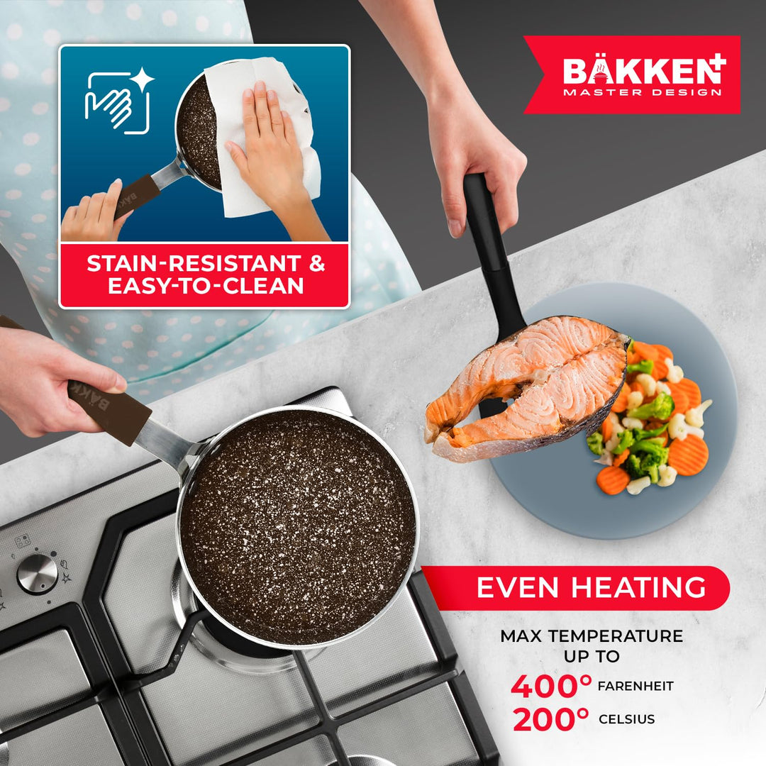 2-Piece Mini Pan Set – 5.5’’ Non-Stick Egg Pan with Spatula, Cool-Touch Handles, Heat-Resistant Up To 400° F, Food-Grade Safe, For Gas, Electric and Ceramic Cooktops, Marble Black