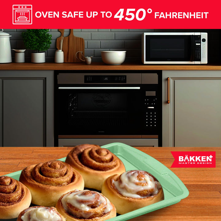BAKKEN Kitchen Baking Pan Set - Nonstick Green Marble Coating, Commercial Grade Carbon Steel Bakeware Sets, Baking Kitchen Essentials, PFOA, PFOS, PTFE Free, Oven Safe Tray (Up To 450° F), Set of 3