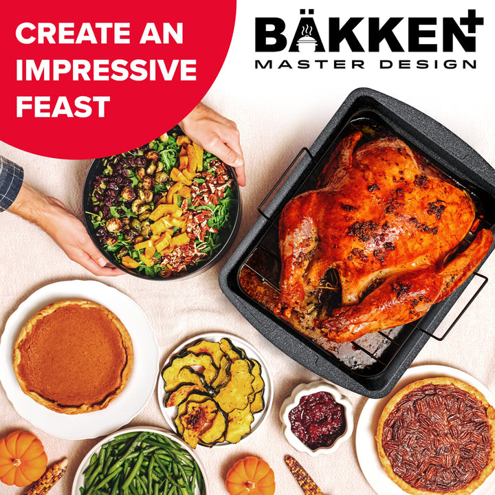 BAKKEN Nonstick Turkey Roasting Pan with Rack – 17 X 13 inch,  Large Heavy-Duty Carbon Steel Roasting Pan, Wide Handles, Versatile for Baking, Grilling, & Roasting, Oven Safe Up to 450°F, Gray Marble