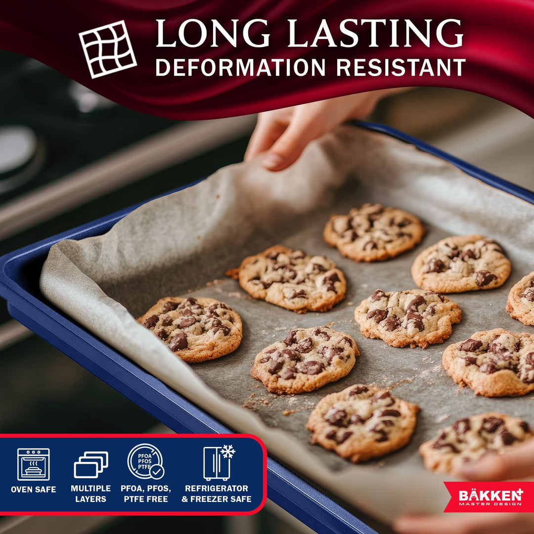 BAKKEN Kitchen Baking Pan - Small, Medium, and Large Cookie Sheet  Nonstick, Diamond Texture Bottom, PFOA, PFOS, PTFE Free, Oven Safe Tray (450°F), Pack of 3, Blue