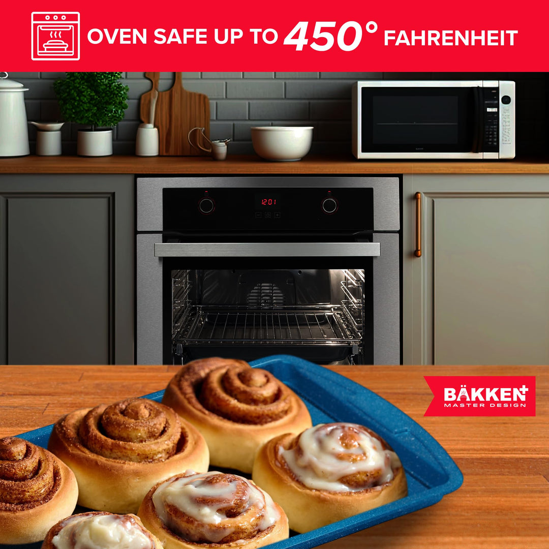 BAKKEN Kitchen Baking Pan Set - Nonstick Coating, Commercial Grade Carbon Steel Bakeware Sets, Baking Kitchen Essentials, PFOA, PFOS, PTFE Free, Oven Safe Tray (Up To 450° F), Set of 3, Blue Marble