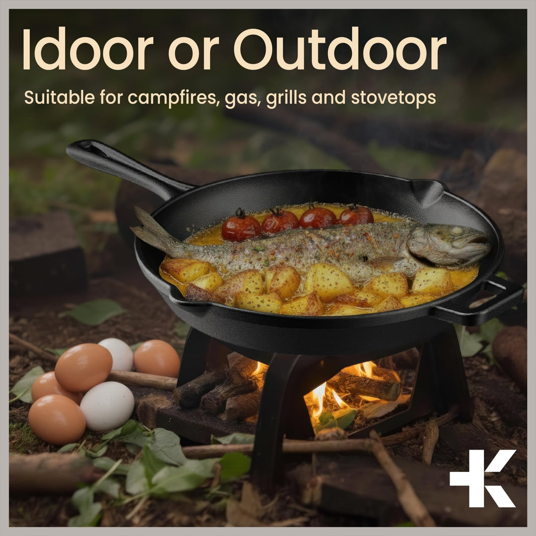 Bakken Pre Seasoned Cast Iron Skillet with Glass Lid & Silicone Handle, Frying Pan for Stove, Oven, Grill & Induction, Even Heat Distribution, Versatile All-Purpose Cookware for Searing & Frying