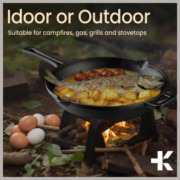 Bakken Pre Seasoned Cast Iron Skillet with Glass Lid & Silicone Handle, Frying Pan for Stove, Oven, Grill & Induction, Even Heat Distribution, Versatile All-Purpose Cookware for Searing & Frying