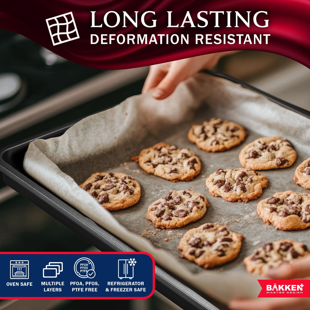 BAKKEN Kitchen Baking Pans - Small, Medium, and Large Cookie Pan (13.58×9.65, 15.75×11, 17.91×12.60), Nonstick, Diamond Texture Bottom, PFOA, PFOS, PTFE Free, Oven Safe Tray (450°F), Pack of 3, Gray