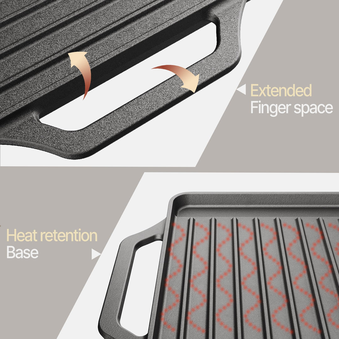 Bakken 18” Reversible Cast Iron Griddle, Flat & Grill Side, Dual Burner Cooking Plate for Pancakes, Meats & Veggies, Pre-Seasoned, Nonstick, Oven & Campfire Safe, Heavy-Duty Griddle Top with Mitt