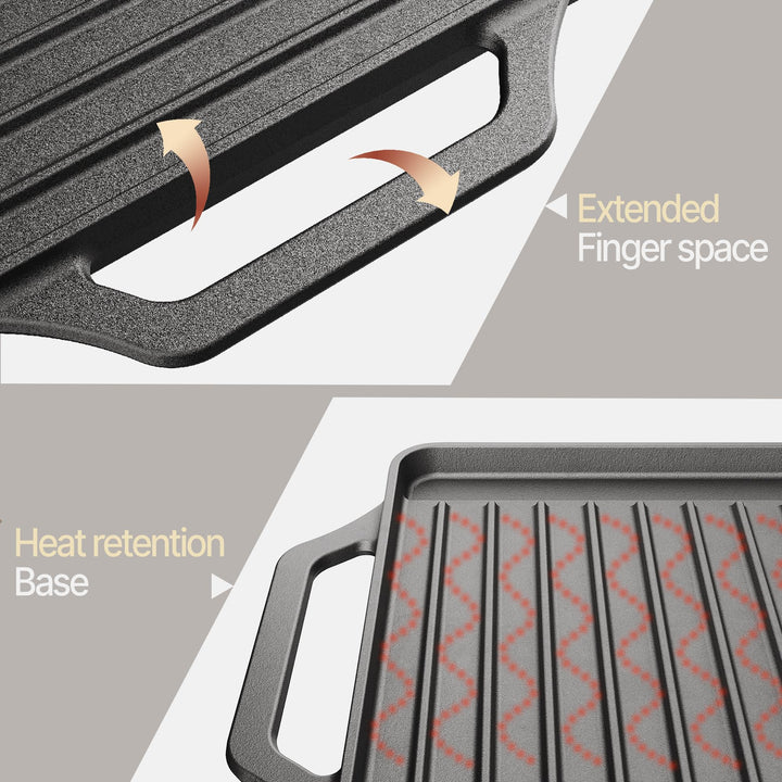 Bakken 18” Reversible Cast Iron Griddle, Flat & Grill Side, Dual Burner Cooking Plate for Pancakes, Meats & Veggies, Pre-Seasoned, Nonstick, Oven & Campfire Safe, Heavy-Duty Griddle Top with Mitt